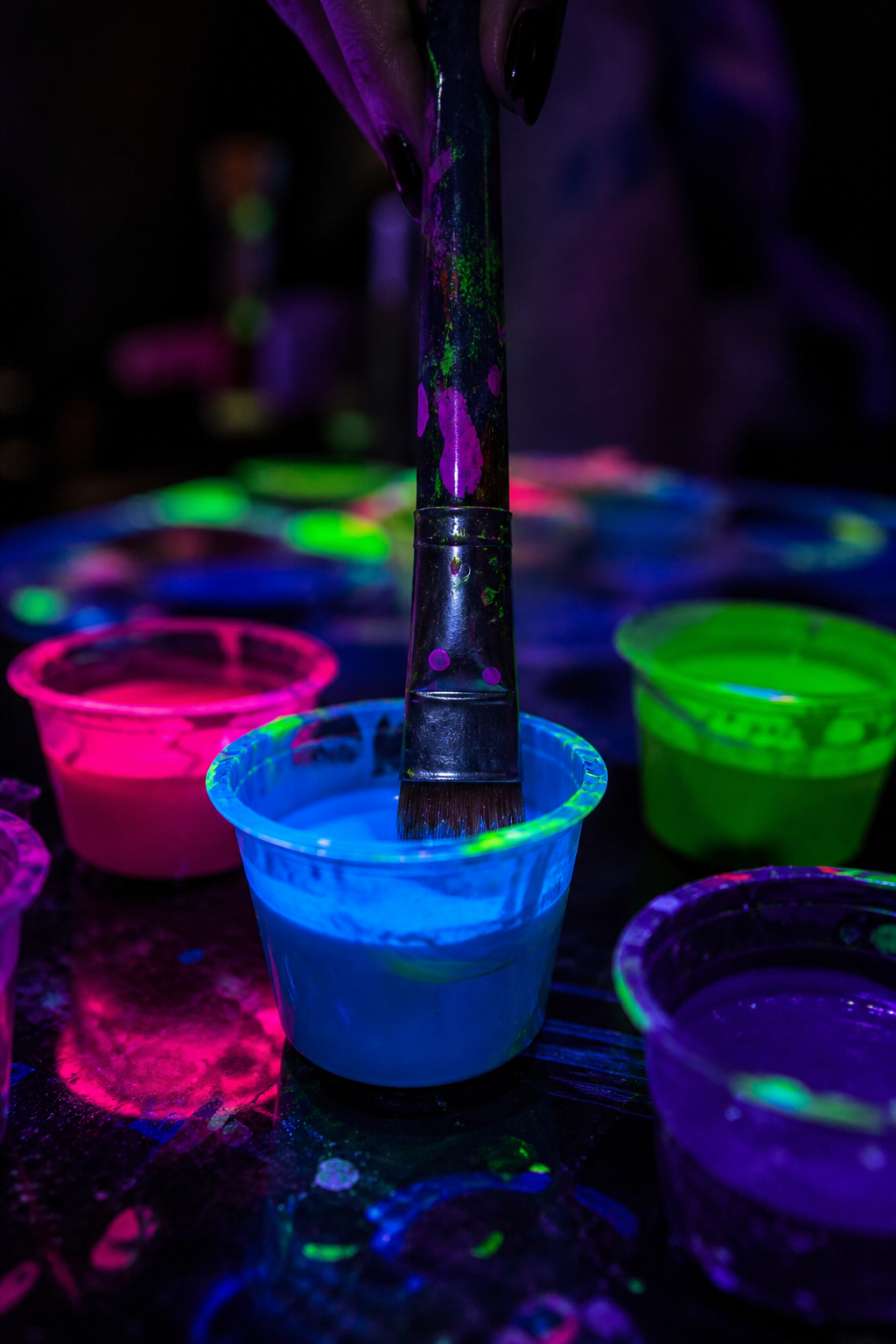 Brush dipping into glowing blue UV paint