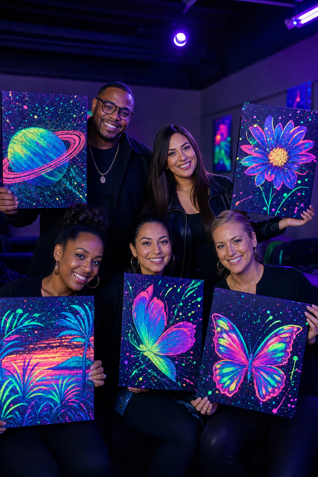 Group posing with finished glowing canvases