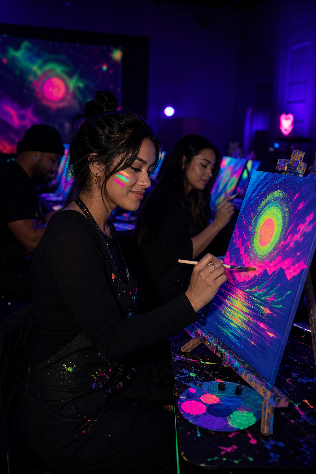 Painters at glowing easels in the blacklight room